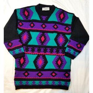 Vintage Oversized Geometric Neon Aztec Sweater 80s 90s Bright Womens Lg